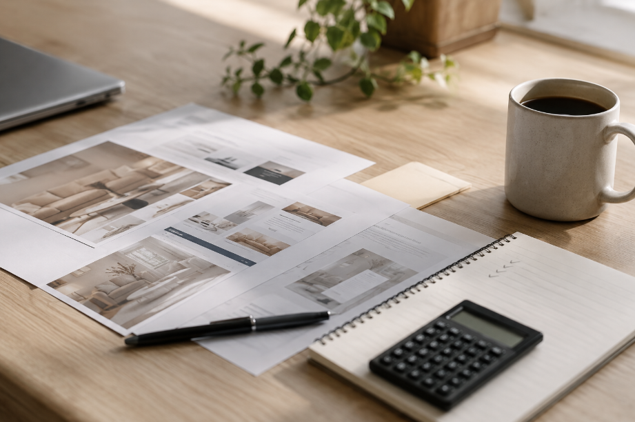 Three web design quote documents on a desk, with a magnifier over a highlighted price row