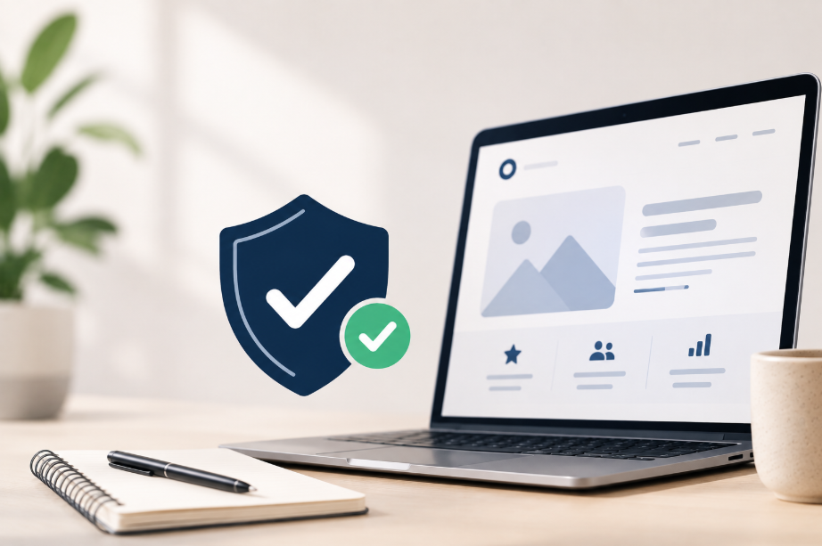 A magnifier over a web design company's ABN lookup record and business name registration, with a verification checklist