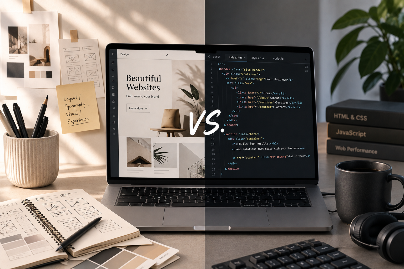 A web designer planning the visual look of a website on one side and a web developer building its code on the other, showing the two roles that make up a website