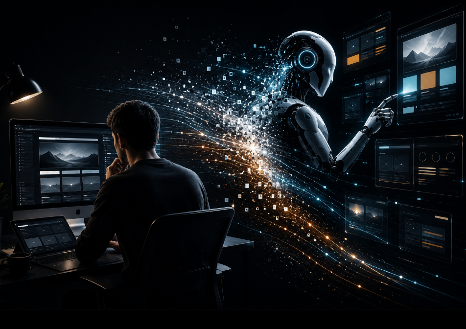 A web designer working alongside AI tools on a modern website